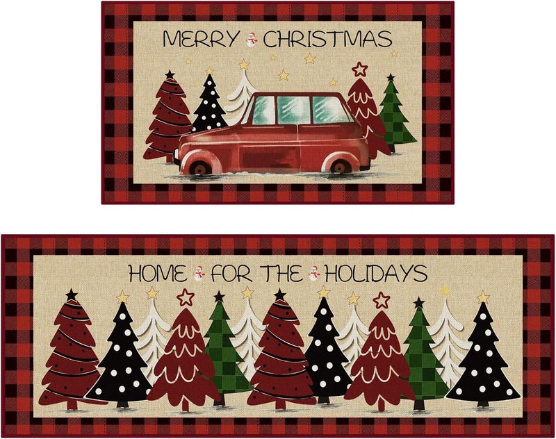 StepRite Kitchen Mats for Floor, 2 PCS Christmas Kitchen Rugs, Non-Slip Bottom with Christmas Tree Print, Low-Profile Mat for Home, Office, Sink, Kitchen,Hallway,Holiday Decor(17”x30”+17”x47”-Red) - Image 1